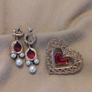 90's Avon Heart Brooch And Matching Earrings